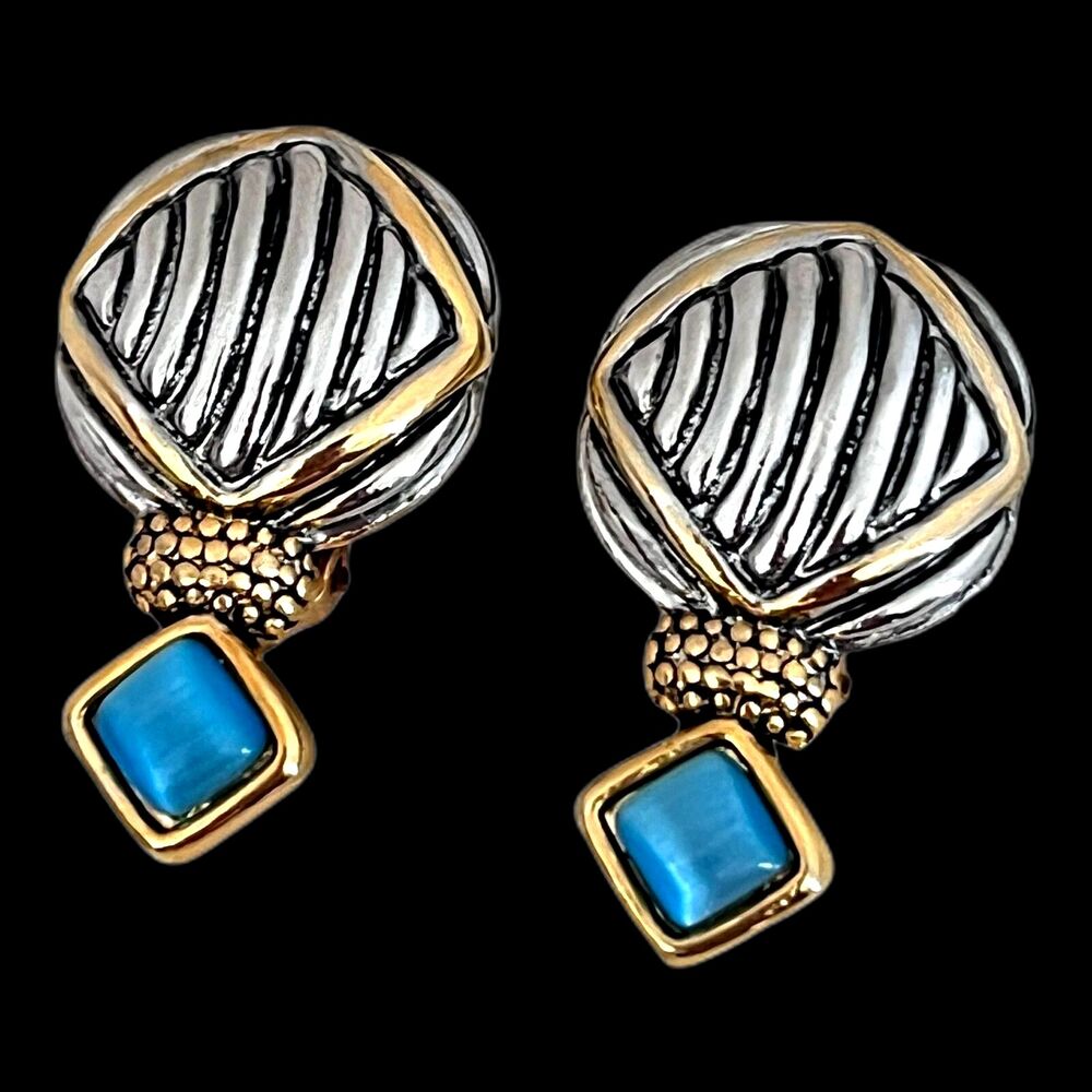Vintage 1980s Cable Design Earrings Blue Moonglow Mixed Metal Clip - 6G
